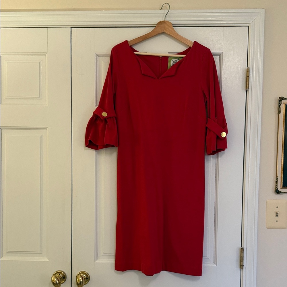 Elizabeth McKay Red Long Sleeve Dress with Gold Accents